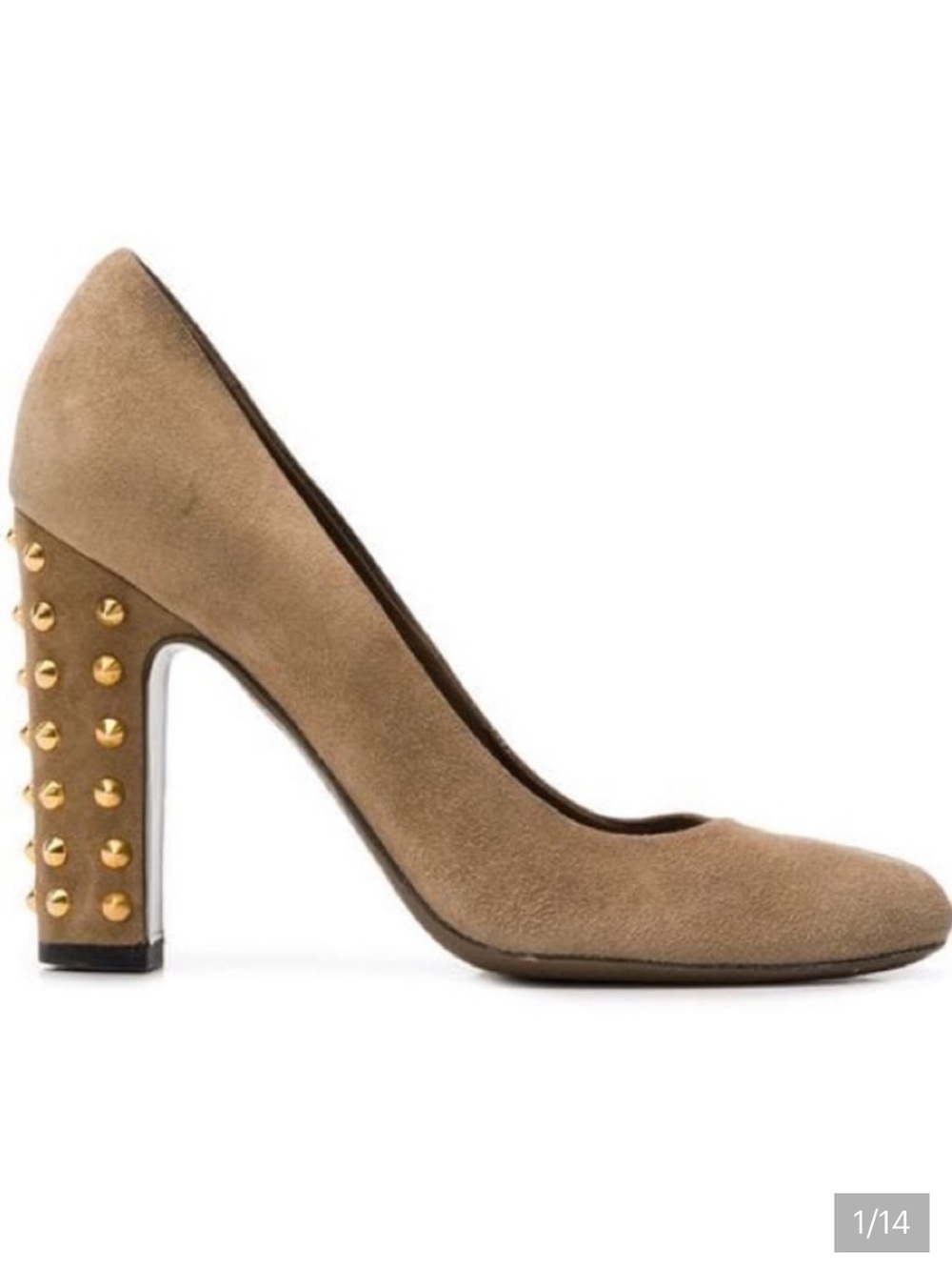 Gucci Tortora Suede Studded Block Heel Pumps 37.5 with Dust Bag
